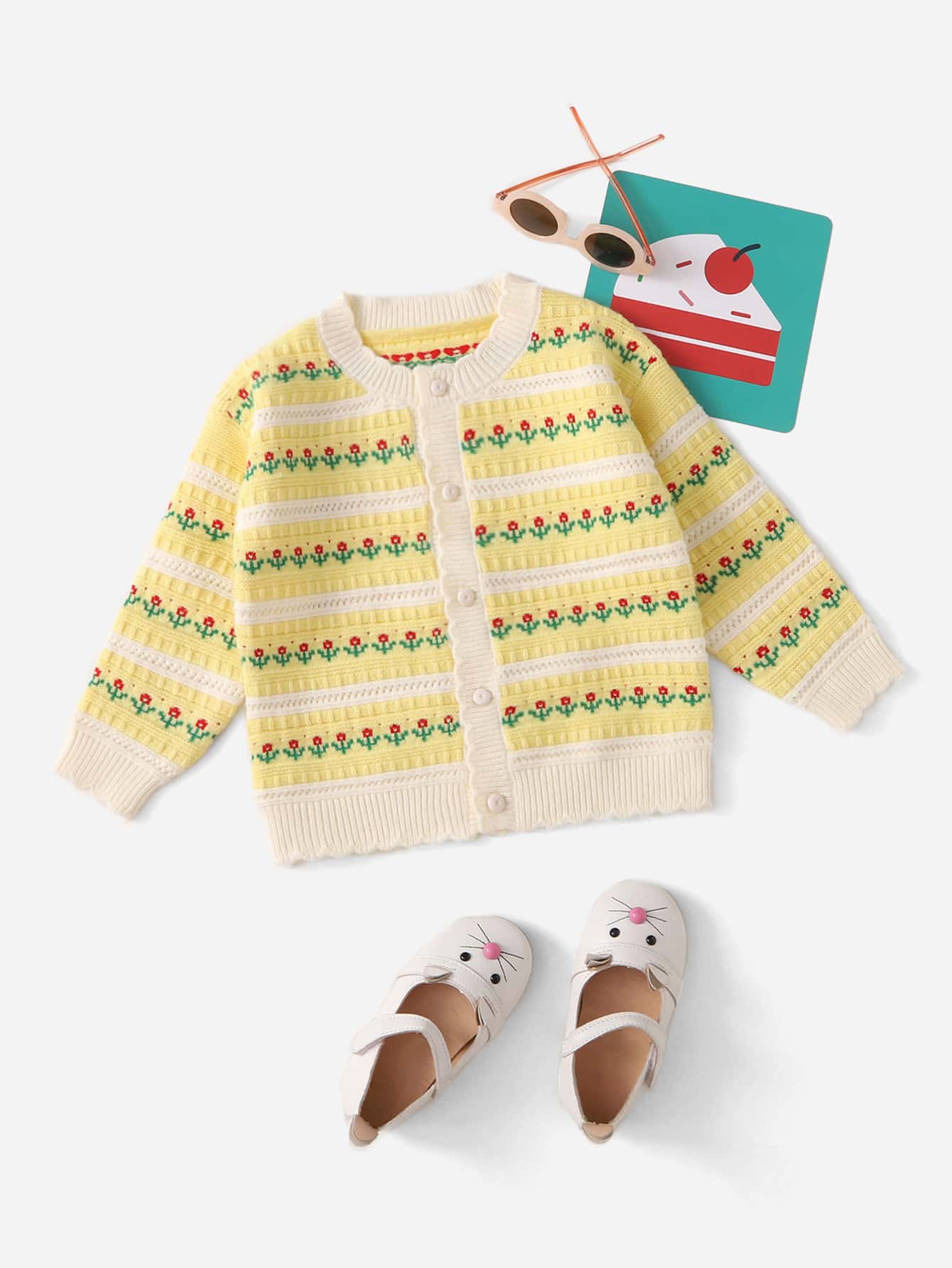 Cô gái mới biết đi Cardigans Nút Hoa Giải trí - Màu vàng - Xem 1