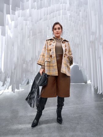 SHEIN Unity Plus Flap Pocket Duffle Buttoned Plaid Overcoat
