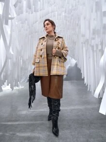 SHEIN Unity 大碼翻蓋口袋紐扣格紋花呢外套 - 彩色 - 查看 4