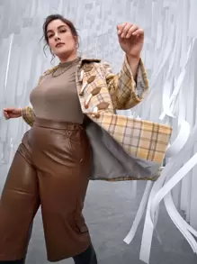 SHEIN Unity 大碼翻蓋口袋紐扣格紋花呢外套 - 彩色 - 查看 5