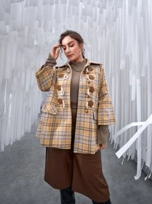 SHEIN Unity 大碼翻蓋口袋紐扣格紋花呢外套 - 彩色 - 查看 6