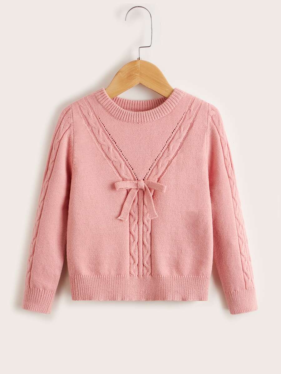 SHEIN 小女童打結細節麻花編織套頭毛衣 - 藕粉色 - 查看 1