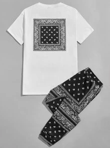 GENTILAND Áo thun tay ngắn họa tiết Paisley bằng cotton dành cho nam và quần - Đen và trắng - Xem 2