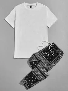 GENTILAND Áo thun tay ngắn họa tiết Paisley bằng cotton dành cho nam và quần - Đen và trắng - Xem 5