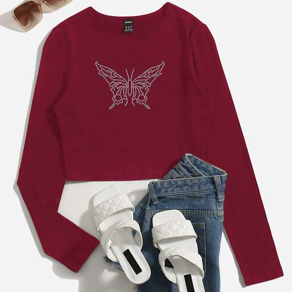 

Butterfly Rhinestone Round Neck Tee, Burgundy