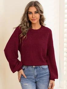 SHEIN Essnce Solid Drop Shoulder Pullover,Long Sleeve Tops - Burgundy - View 3