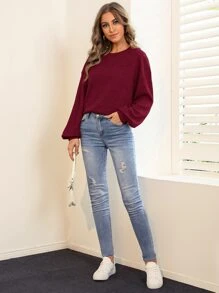 SHEIN Essnce Solid Drop Shoulder Pullover,Long Sleeve Tops - Burgundy - View 4