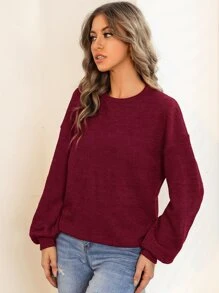SHEIN Essnce Solid Drop Shoulder Pullover,Long Sleeve Tops - Burgundy - View 5