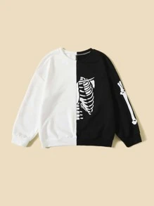 Niñas Sudadera estampado de esqueleto de dos tonos - Blanco y Negro - Ver 1