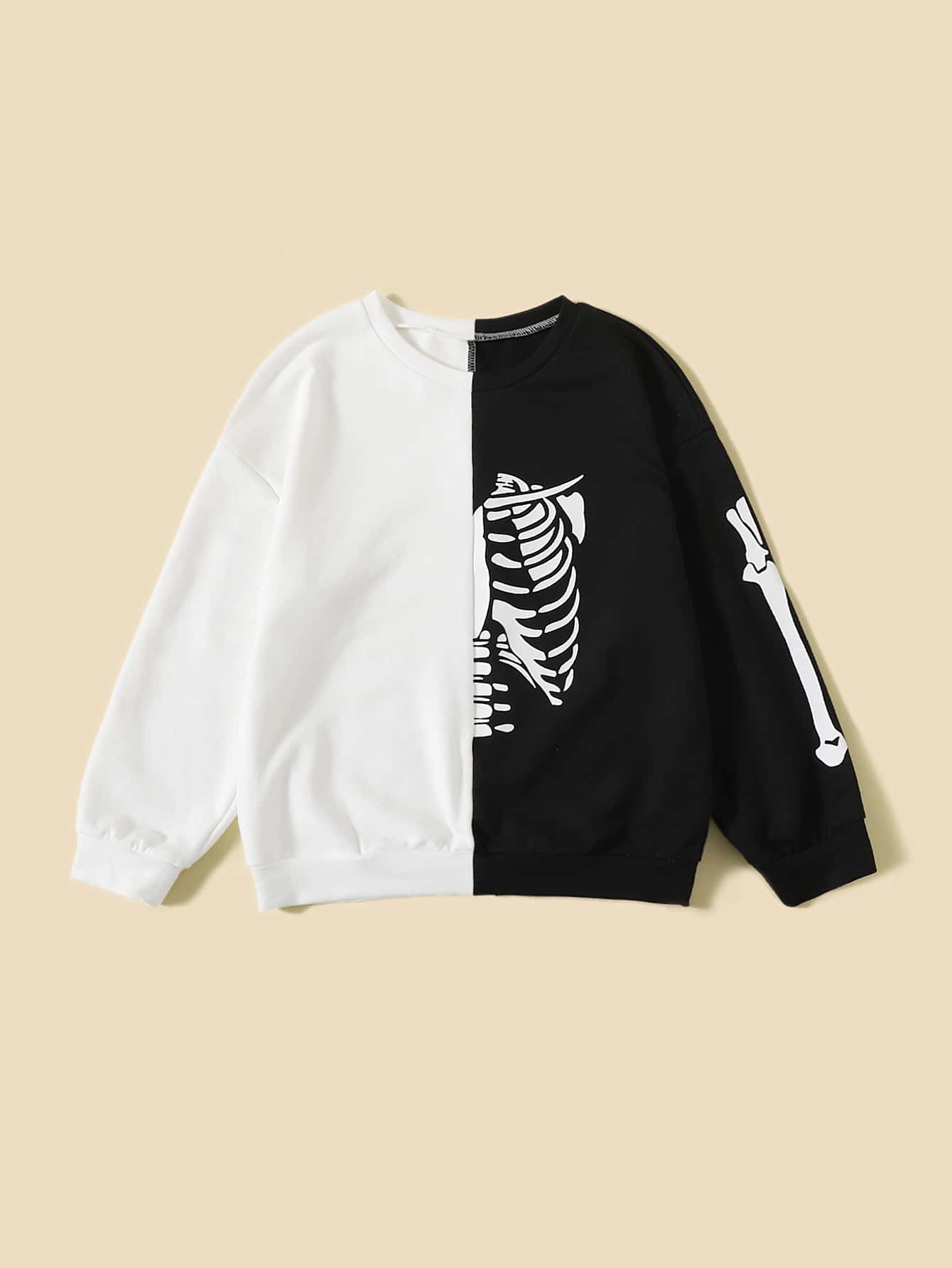 Niñas Sudadera estampado de esqueleto de dos tonos - Blanco y Negro - Ver 1