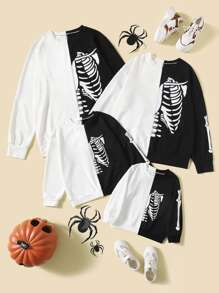 Niñas Sudadera estampado de esqueleto de dos tonos - Blanco y Negro - Ver 4