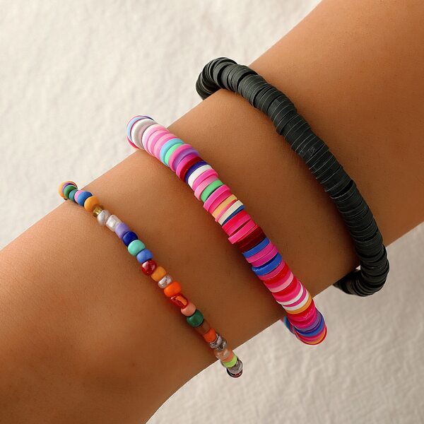

3pcs Colorful Beaded Bracelet, Multicolor