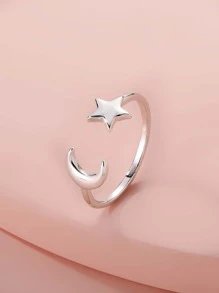 1 pieza Anillo abierto sencillo con luna creciente y estrella que combina con todo adecuado para uso diario de mujer - Plateado - Ver 2