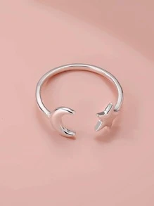 1 pieza Anillo abierto sencillo con luna creciente y estrella que combina con todo adecuado para uso diario de mujer - Plateado - Ver 3