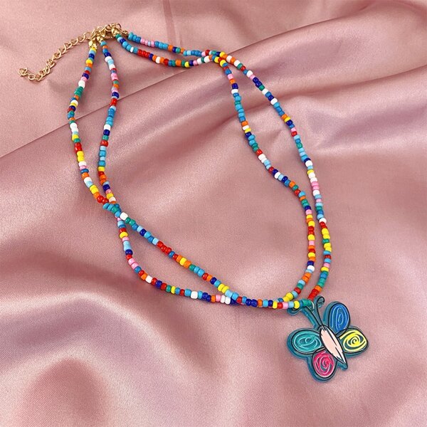 

Butterfly Charm Beaded Necklace, Multicolor