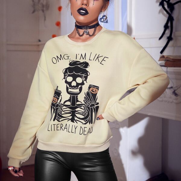 

Halloween & Slogan Print Drop Shoulder Sweatshirt, Apricot