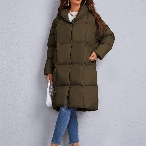 

Pocket Detail Shawl Collar Puffer Coat, Army green