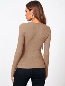 SHEIN Essnce Waffle Knit Long Sleeve Henley Tee - Mocha Brown - View 2
