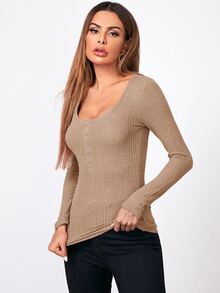 SHEIN Essnce Waffle Knit Long Sleeve Henley Tee - Mocha Brown - View 4