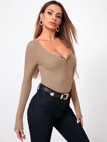 SHEIN Essnce Waffle Knit Long Sleeve Henley Tee - Mocha Brown - View 5