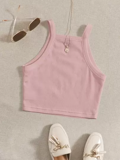 SHEIN EZwear Cami Acortado Con Costillas Y Tirantes, Adecuado Para Verano