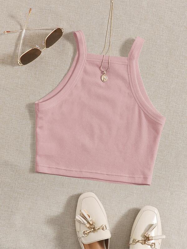 SHEIN EZwear Rib-Knit Crop Cami With Straps, Suitable For Summer
