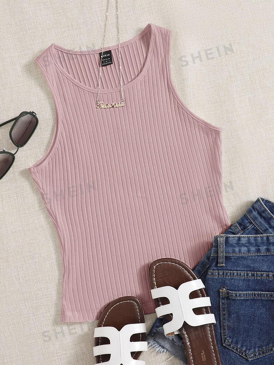 SHEIN EZwear Top tank unicolor tejido de canalé - Rosa vieja - Ver 1