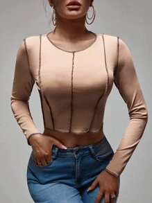 Zolique 頂針短款條紋針織T恤 - 卡其色 - 查看 1