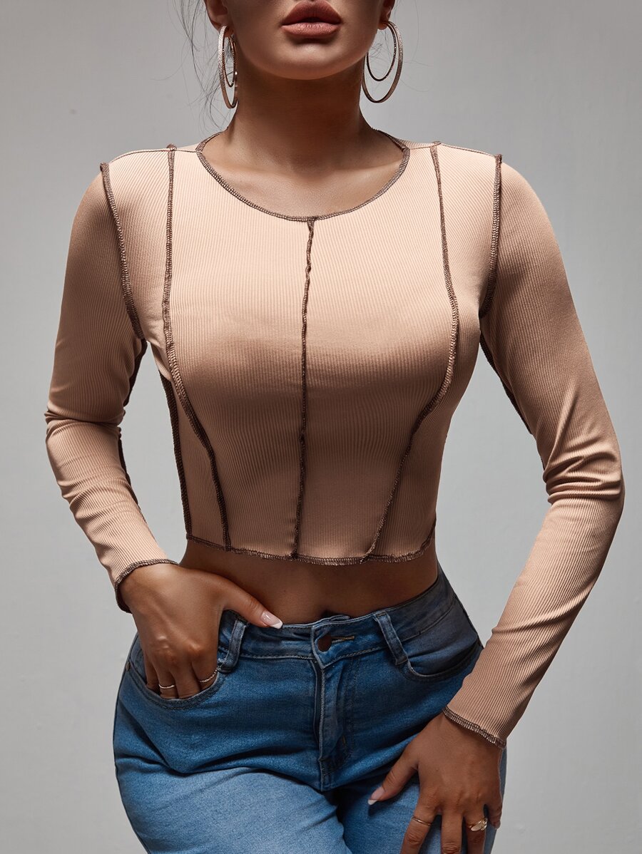 Zolique 頂針短款條紋針織T恤 - 卡其色 - 查看 1