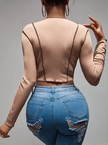 Zolique 頂針短款條紋針織T恤 - 卡其色 - 查看 2