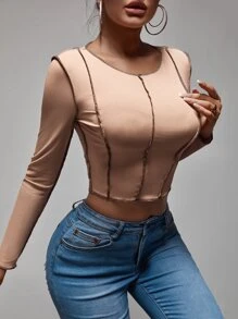 Zolique 頂針短款條紋針織T恤 - 卡其色 - 查看 3