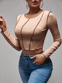 Zolique 頂針短款條紋針織T恤 - 卡其色 - 查看 4