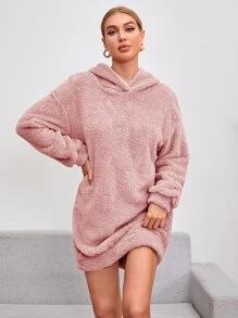 SHEIN Essnce 秋冬落肩连帽泰迪熊卫衣连衣裙