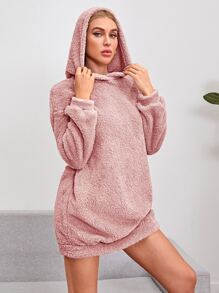 SHEIN Essnce 秋冬落肩连帽泰迪熊卫衣连衣裙