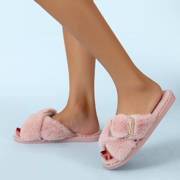 

Rhinestone Decor Fluffy Home Slippers, Pink