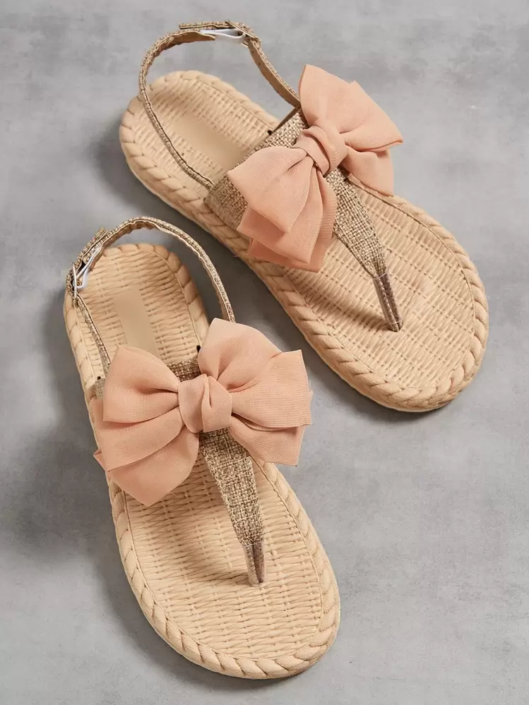 1pair Plain Colored Bowknot Stylish Creative Flat Sandals Valentines - Baby Pink - View 1