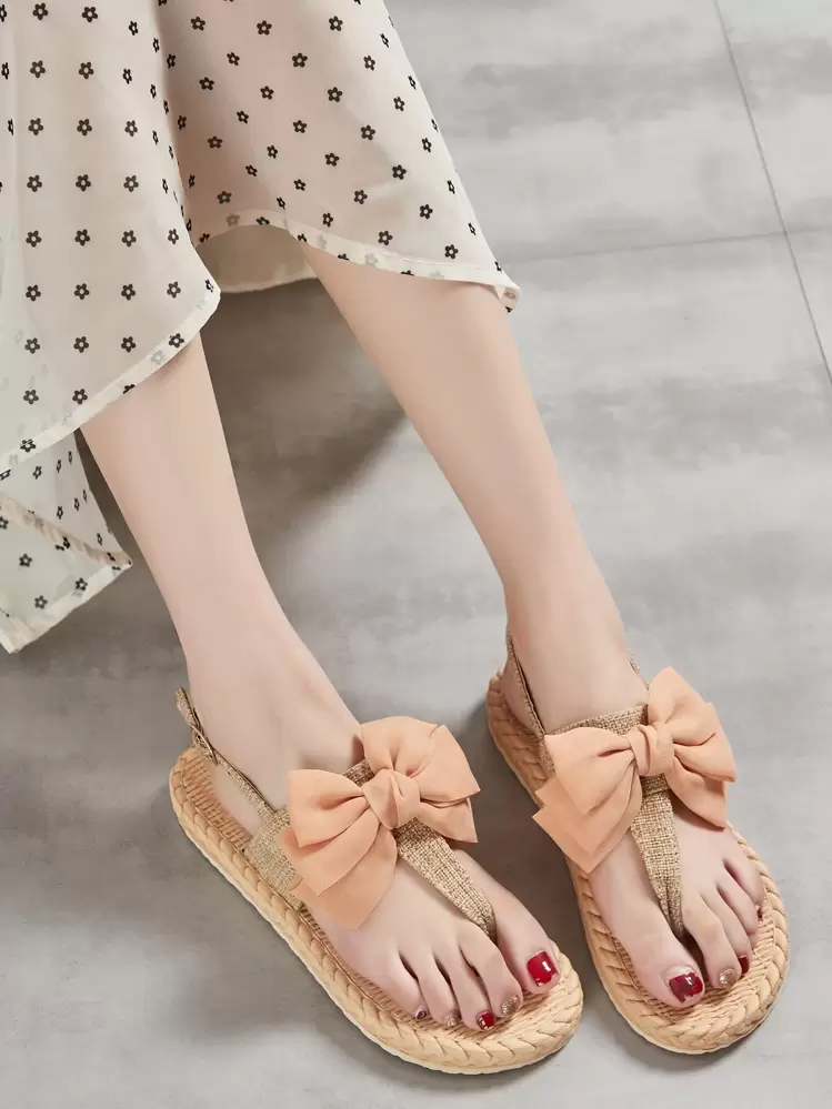 1pair Plain Colored Bowknot Stylish Creative Flat Sandals Valentines - Baby Pink - View 4