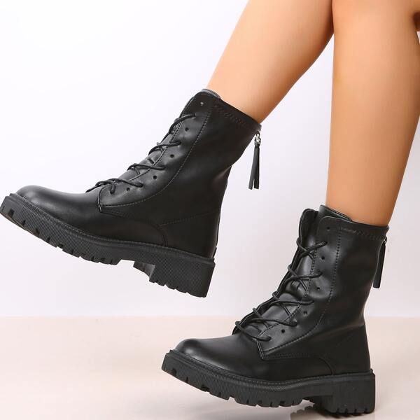

Minimalist Back Zipper Lace Up Decor Combat Boots, Black