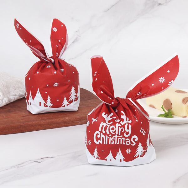 

50pcs Christmas Slogan Graphic Packaging Bag, Red and white
