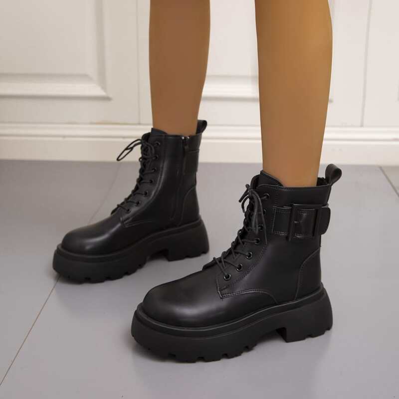 

Buckle Detail Side Zip Combat Boots, Black