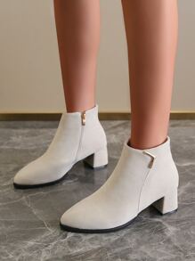 女士時尚靴子淺灰色仿麂皮簡約側拉鍊經典靴子