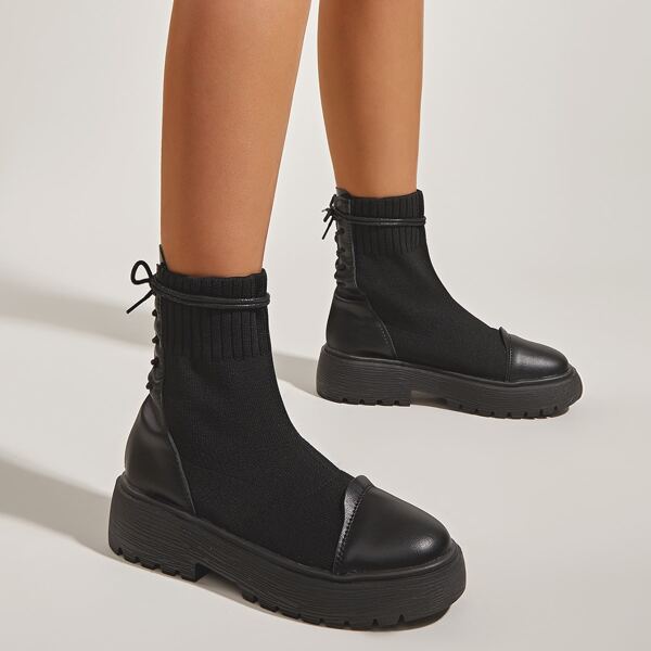 

Lace-up Back Knit Splicing Boots, Black