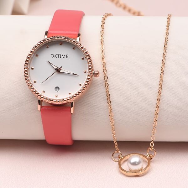 

1pc Round Pointer Date Quartz Watch & 1pc Bracelet