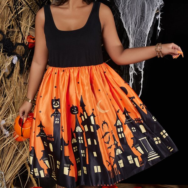 

Plus Halloween Print Dress, Multicolor