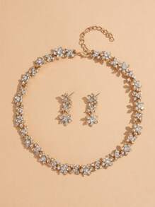 Rhinestone Flower Decor Drop Earrings & Necklace - Yellow Gold - View 1