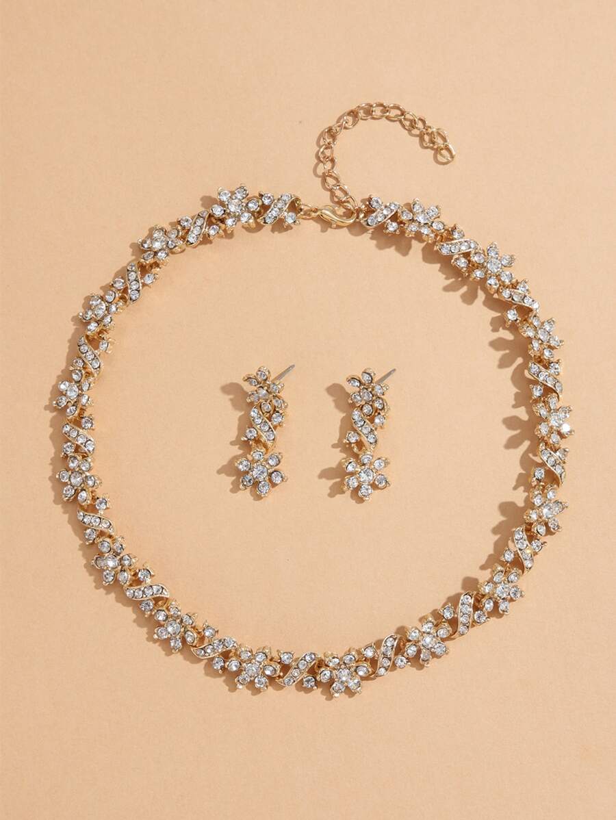 Rhinestone Flower Decor Drop Earrings & Necklace - Yellow Gold - View 1