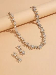 Rhinestone Flower Decor Drop Earrings & Necklace - Yellow Gold - View 2