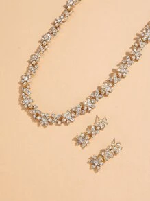 Rhinestone Flower Decor Drop Earrings & Necklace - Yellow Gold - View 3