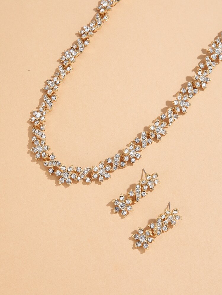 Rhinestone Flower Decor Drop Earrings & Necklace - Yellow Gold - View 3