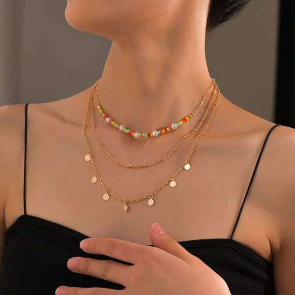 

Round Disc Charm Layered Necklace, Multicolor